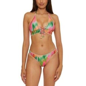 BECCA Bikini Swimsuit Two-Piece Womens Large Multicolor Halter Lace-Up Metallic